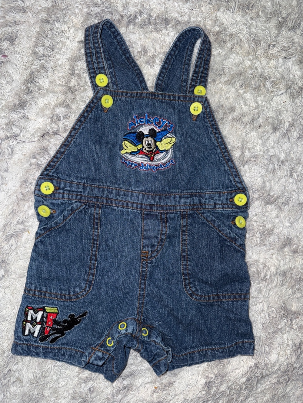 6-9m vintage Disney Denim Mickey Mouse Short Overalls - Blue with Yellow Buttons